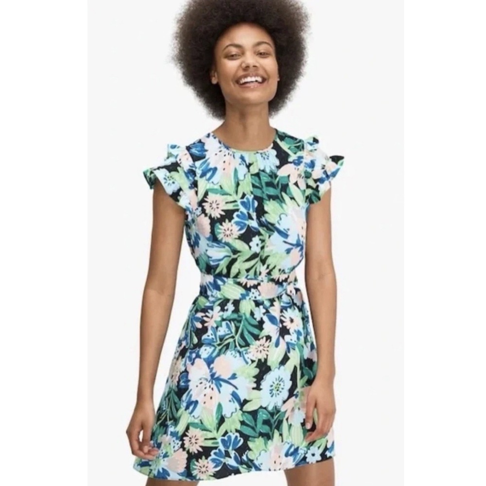Kate Spade Full Bloom Belted Dress Ruffle Sleeves Floral Green Blue Size 6